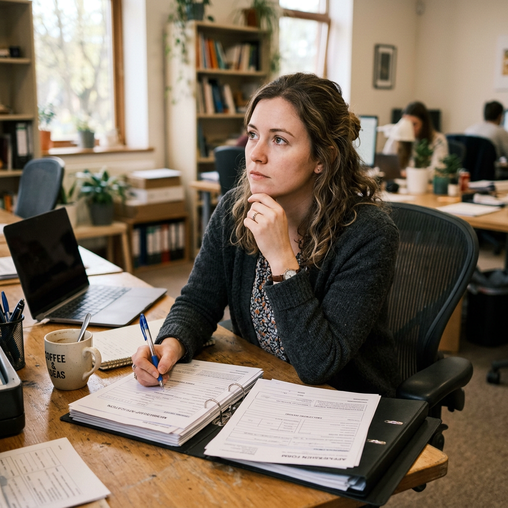 Woman sitting at desk writing on paperwork with pen, looking thoughtful